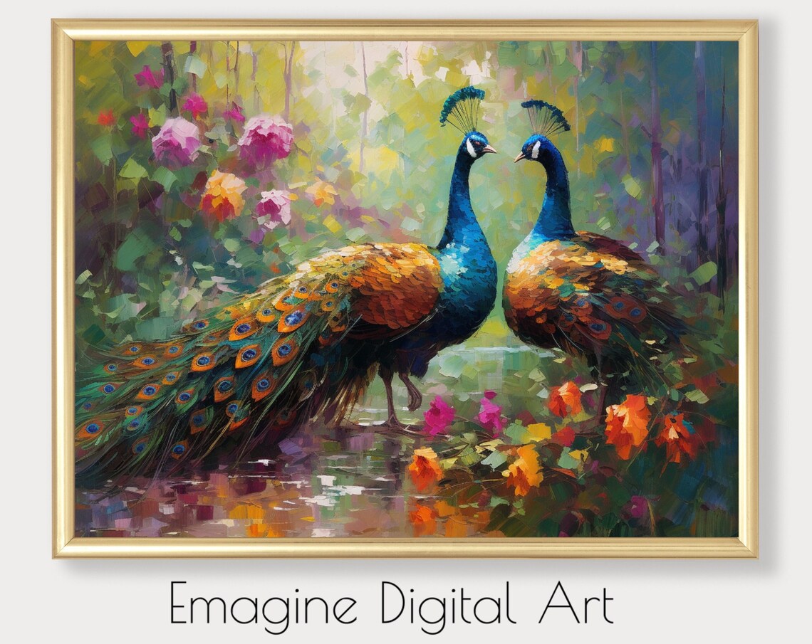 Pair of Peacocks in a Blooming Garden Colorful Impressionist Poster