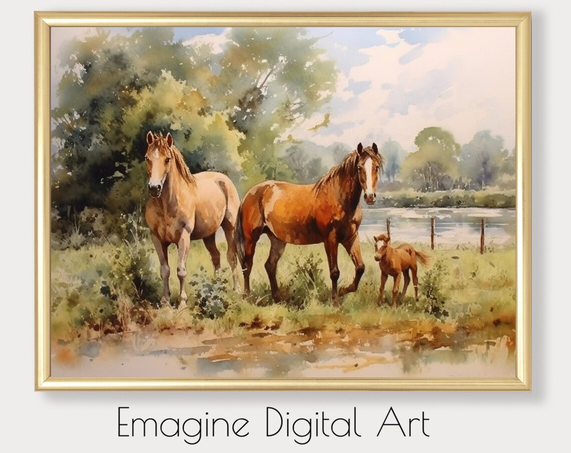 Stallion Mare And Foal Watercolor Horse Art Print