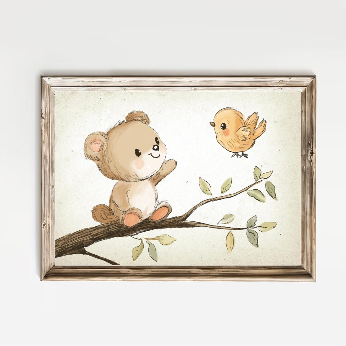 Sweet Bear Cub Waving to Yellow Bird Branch Nursery Wall Art