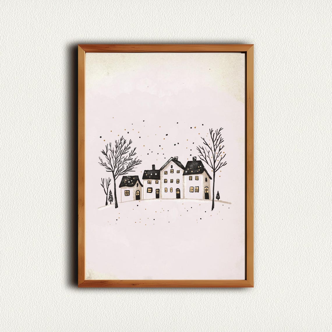 Snowy Christmas Village Houses Falling Snow Minimal Wall Art - Image 4