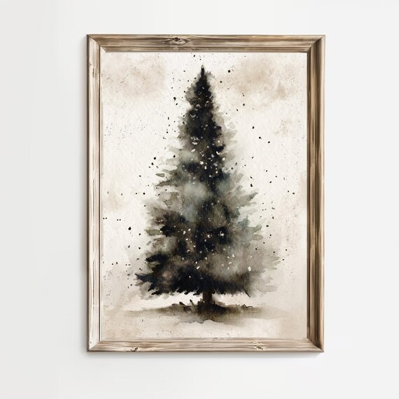 Dark Watercolor Christmas Tree Minimalist Black Holiday Poster
