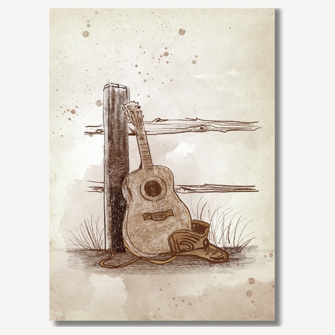 Acoustic Guitar Against Wooden Fence Sketch Country Western Poster - Image 2