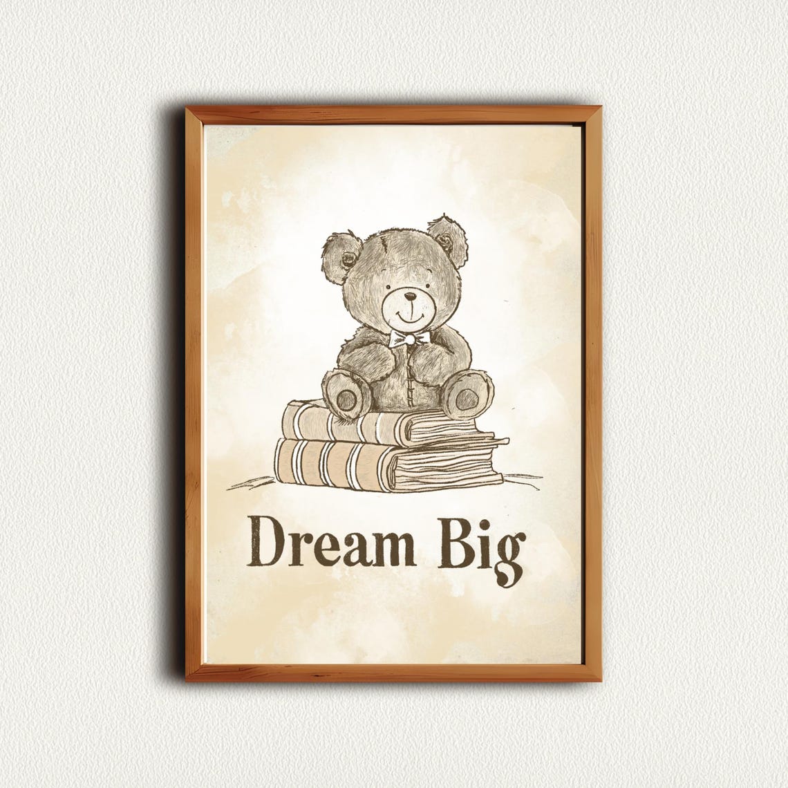 Dream Big Text Teddy Bear Sitting On Books Nursery Quote Poster - Image 2