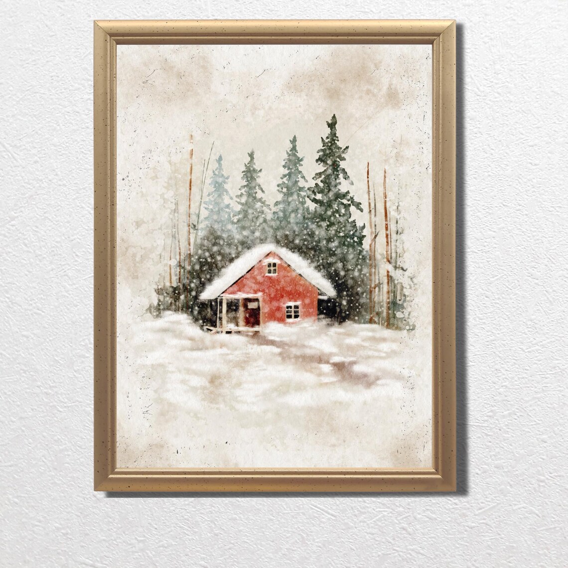 Red Cabin Snowy Forest Watercolor Winter Wonderland Wall Art - Image 3