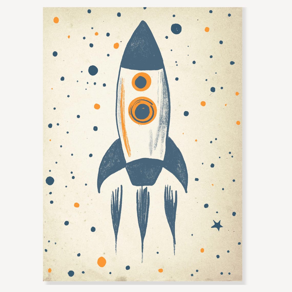 Vintage Navy Rocket Ship Stars Nursery Outer Space Decor Print - Image 2