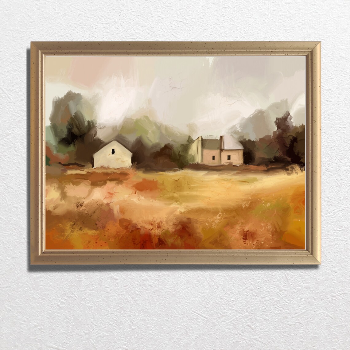Rustic Autumn Farmhouse Golden Field Countryside Oil Painting Poster
