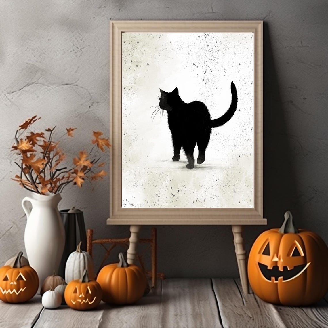 Black Cat Standing and Gazing Up Elegant Ink Silhouette Poster - Image 3
