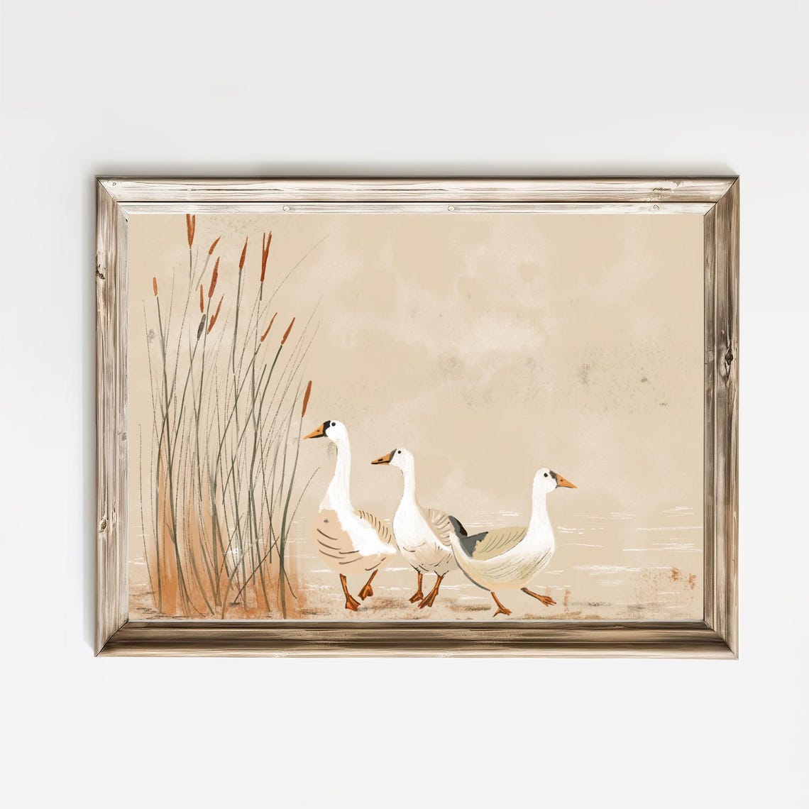 Three White Geese Waddling By Tall Reeds Neutral Toned Wall Art