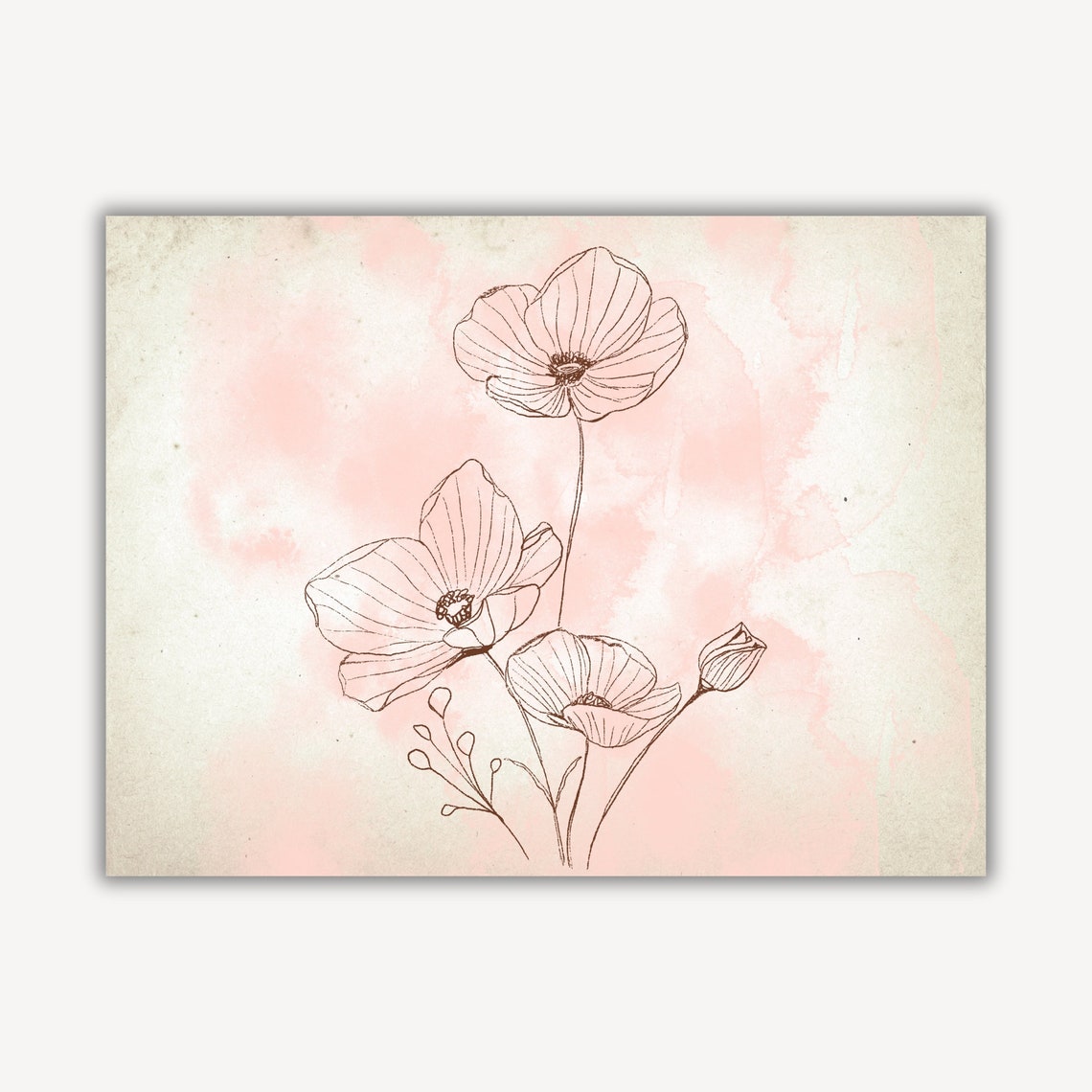 Pink Poppy Flowers Line Drawing Botanical Floral Nursery Wall Art - Image 3