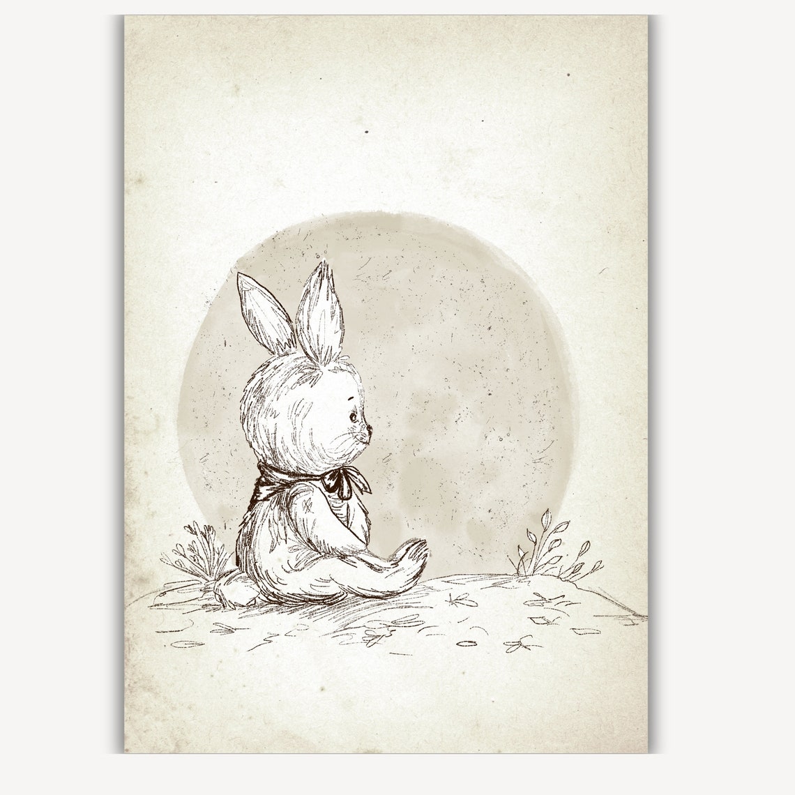Bunny Rabbit Under Moonlight Sketch Vintage Nursery Art Poster - Image 2