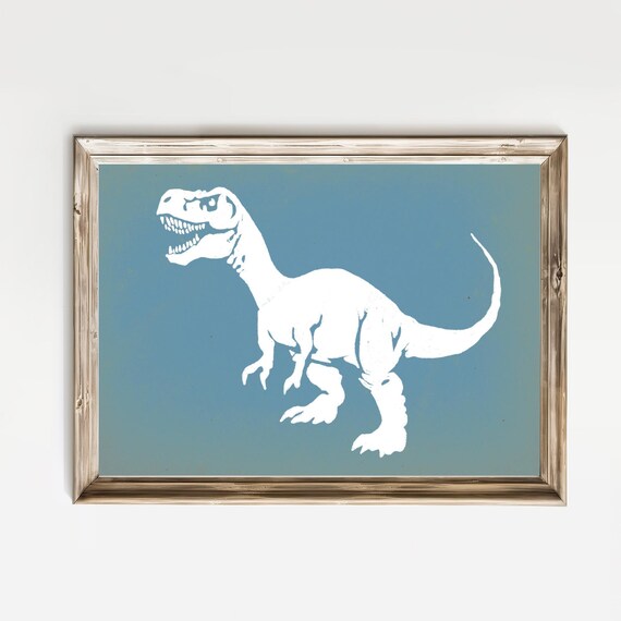 T Rex Dinosaur White Silhouette Blue Nursery Boys Room Art Poster