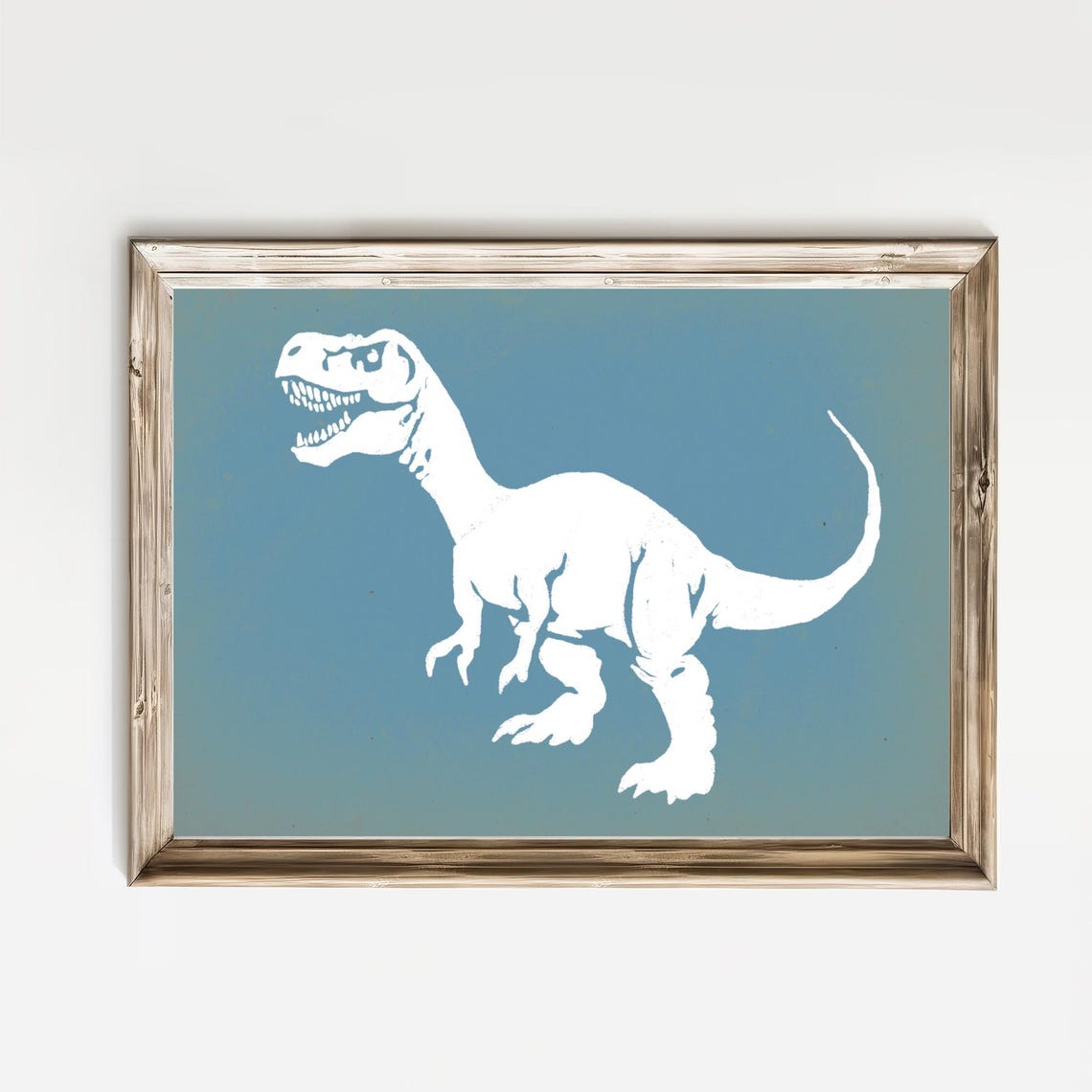 T Rex Dinosaur White Silhouette Blue Nursery Boys Room Art Poster
