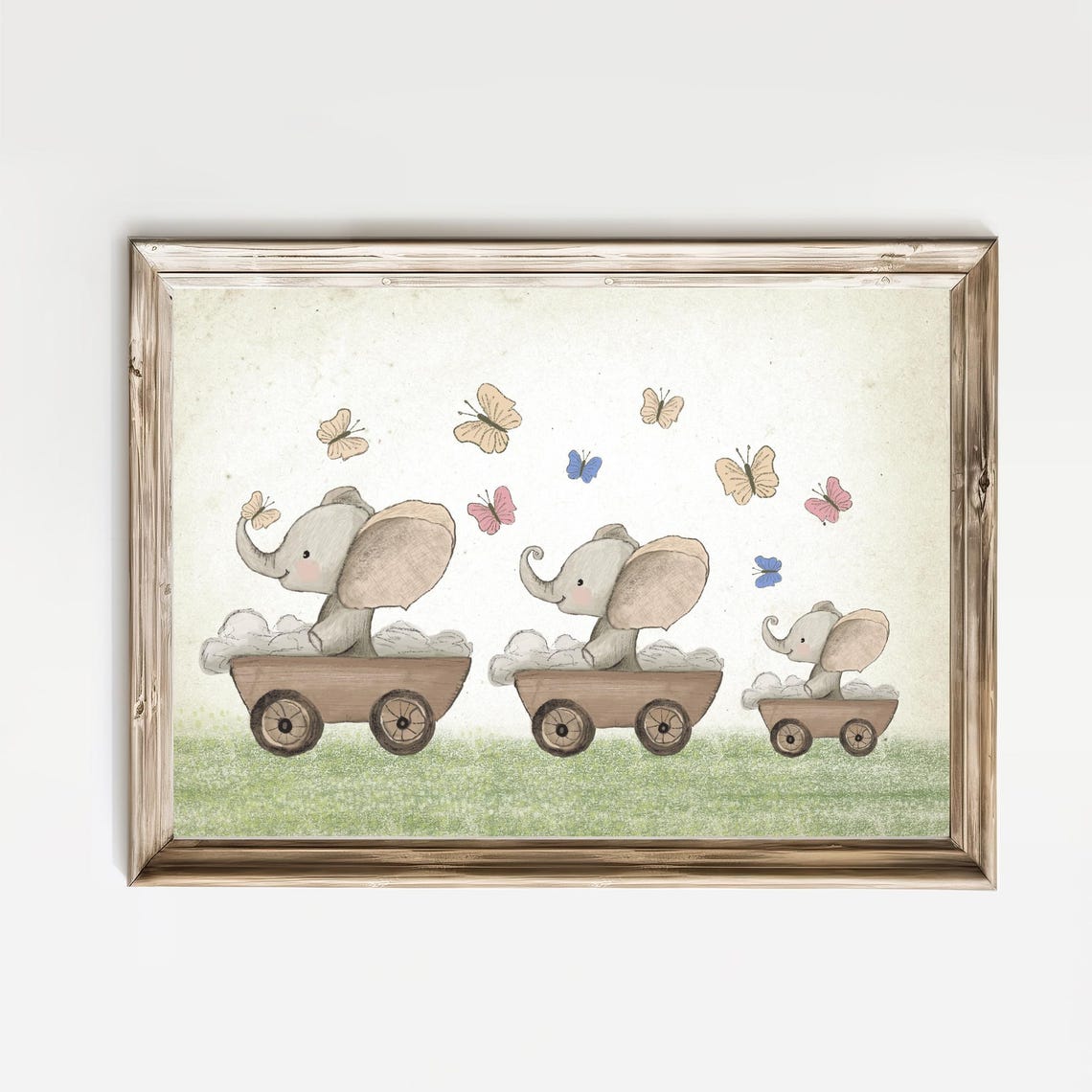 Three Baby Elephants in Wooden Carts With Butterflies Poster