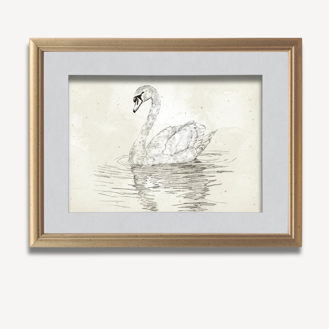 Swan Swimming Antique Pencil Sketch Neutral Vintage Nursery Wall Art - Image 2