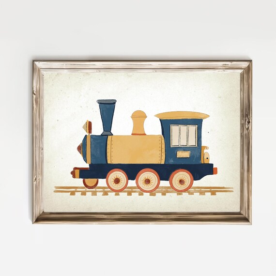 Cute Navy Blue and Mustard Toy Train Watercolor Nursery Wall Art