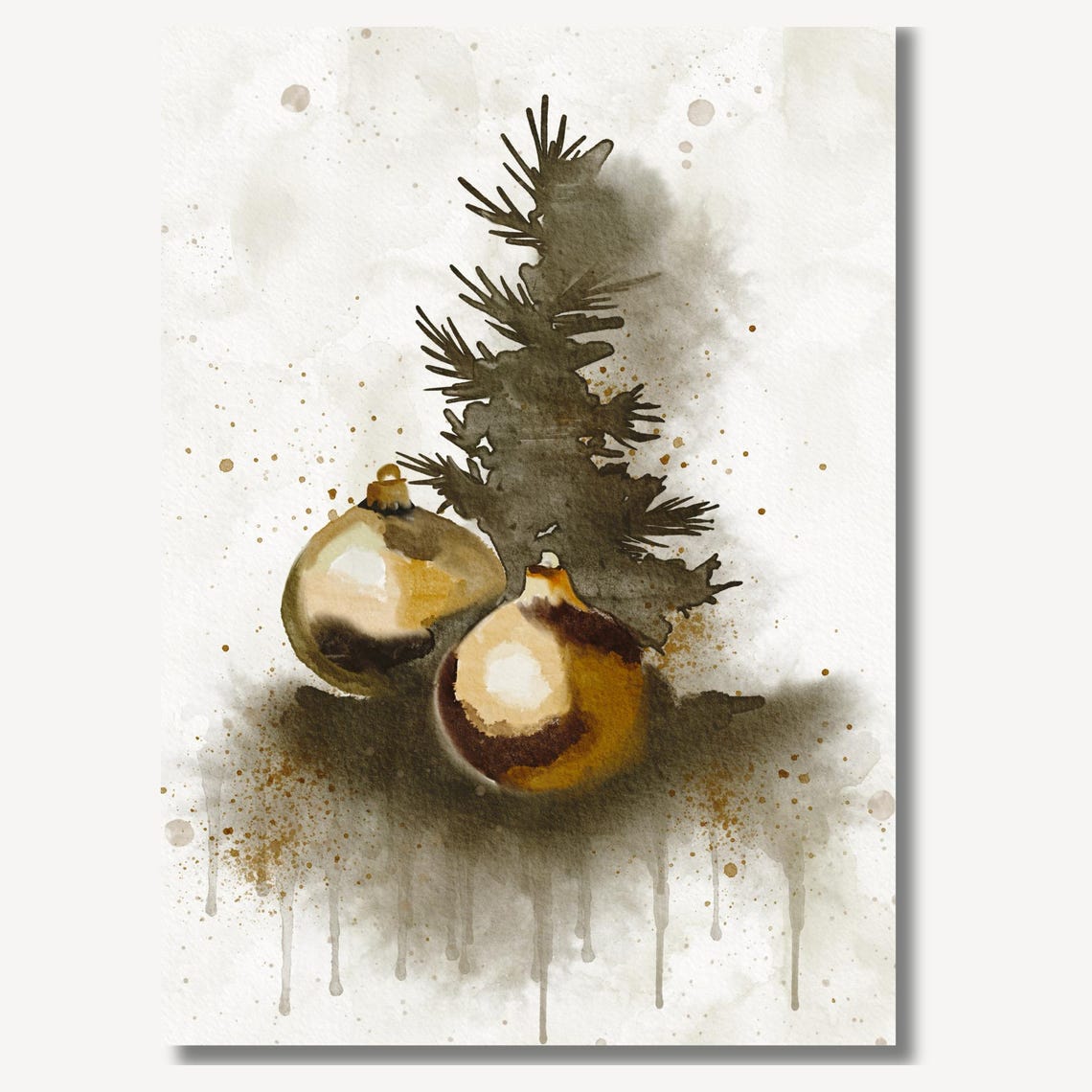 Gold Christmas Ornaments And Evergreen Sprig Watercolor Holiday Poster - Image 2