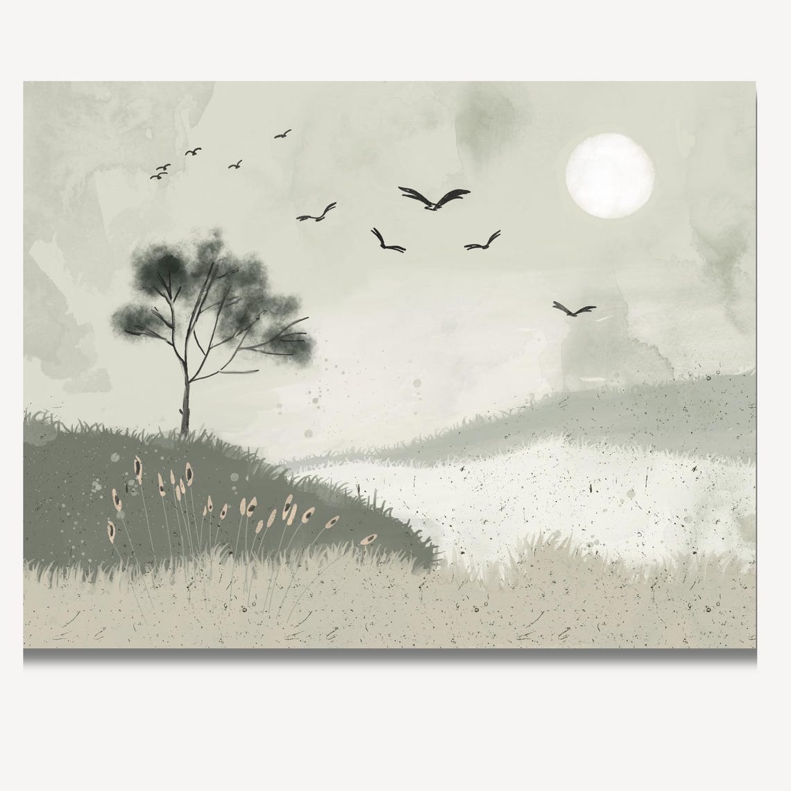 Monochrome Moonlit Hills With Birds And Lone Tree Landscape Wall Art