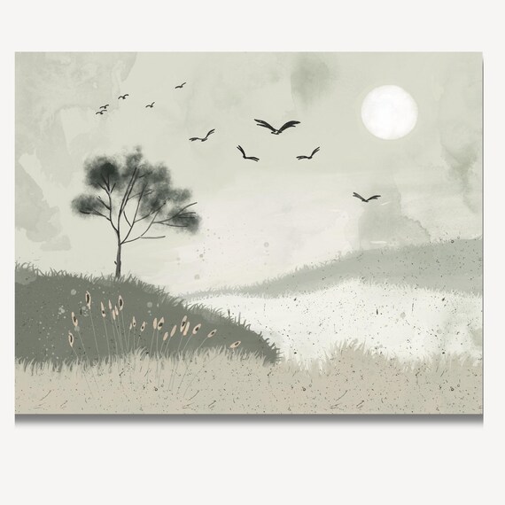 Monochrome Moonlit Hills With Birds And Lone Tree Landscape Wall Art