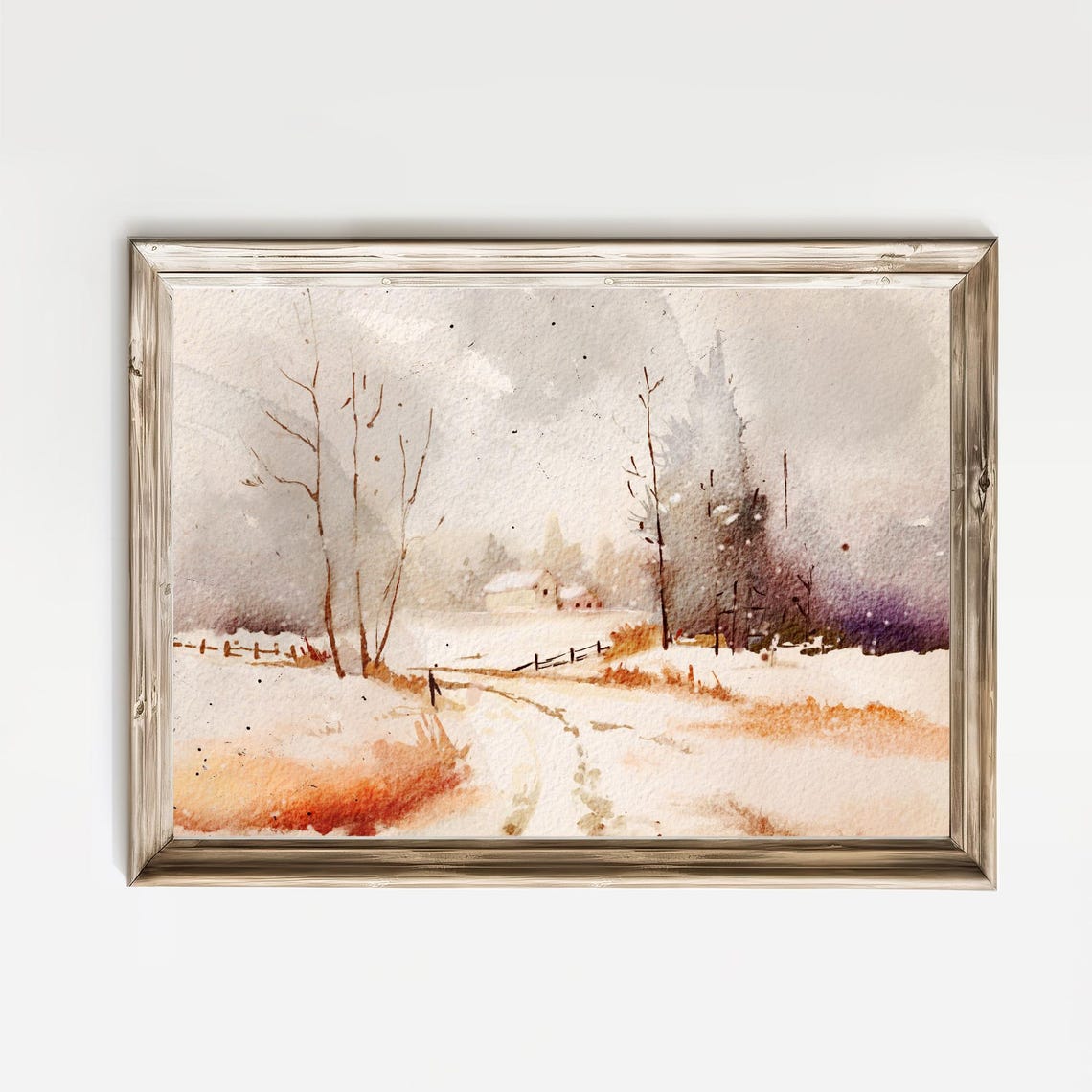 Snowy Winter Farmhouse Path Through Misty Valley Watercolor Poster
