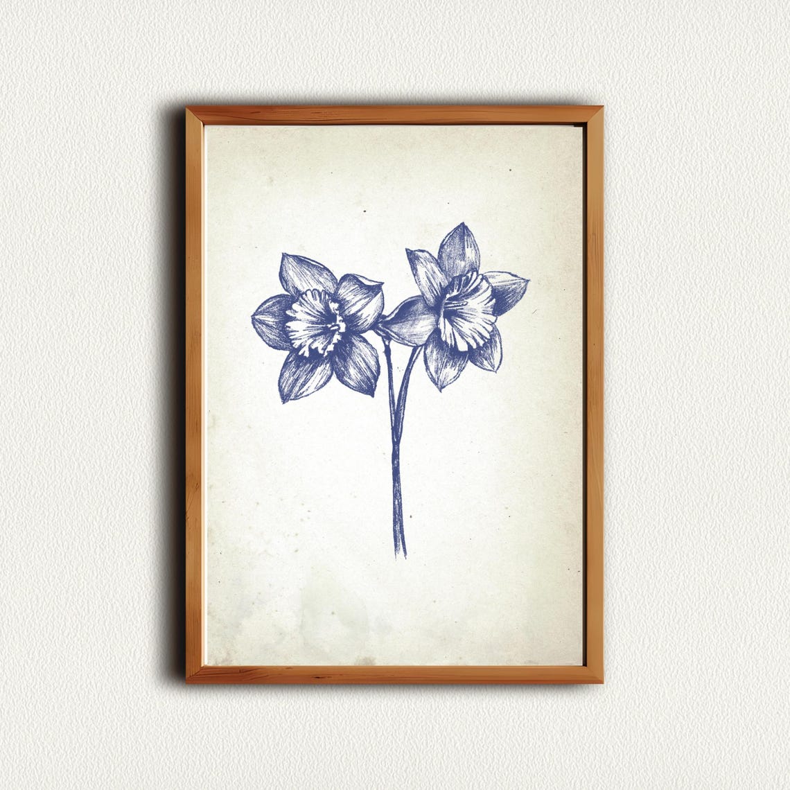 Pair of Daffodils in Vintage Blue Botanical Ink Sketch Poster - Image 2