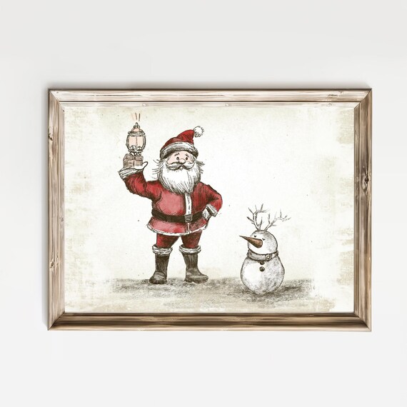 Santa With Glowing Lantern and Gifts Beside Little Snowman Poster