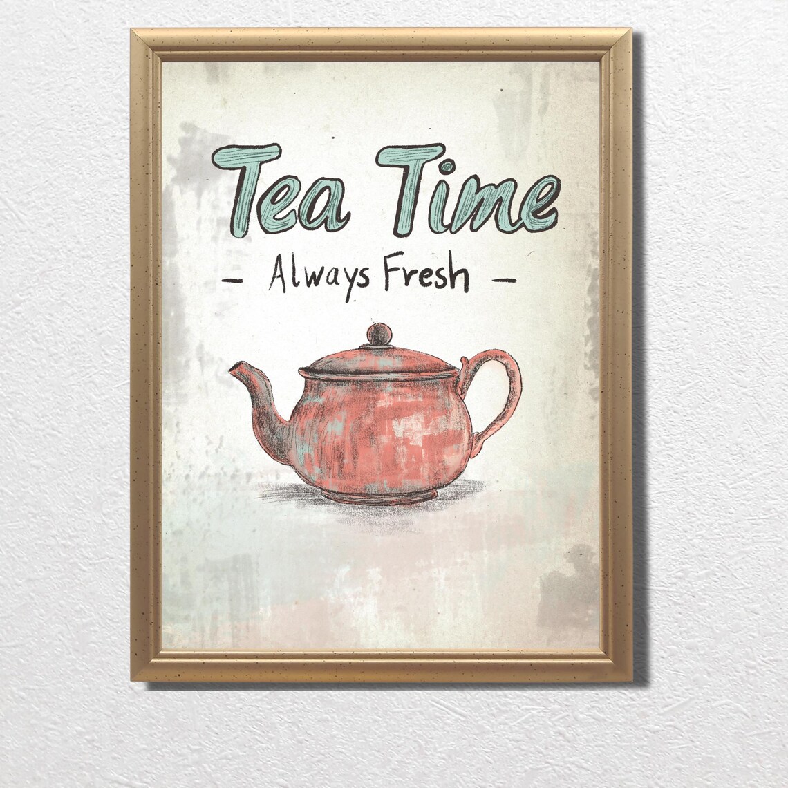 Tea Time Always Fresh Vintage Red Teapot Country Kitchen Poster - Image 3