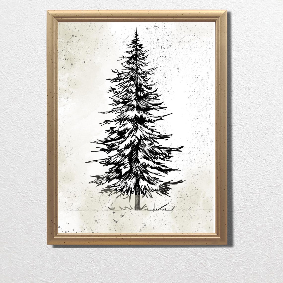 Tall Winter Pine Tree Black Ink Sketch Rustic Holiday Wall Art - Image 3