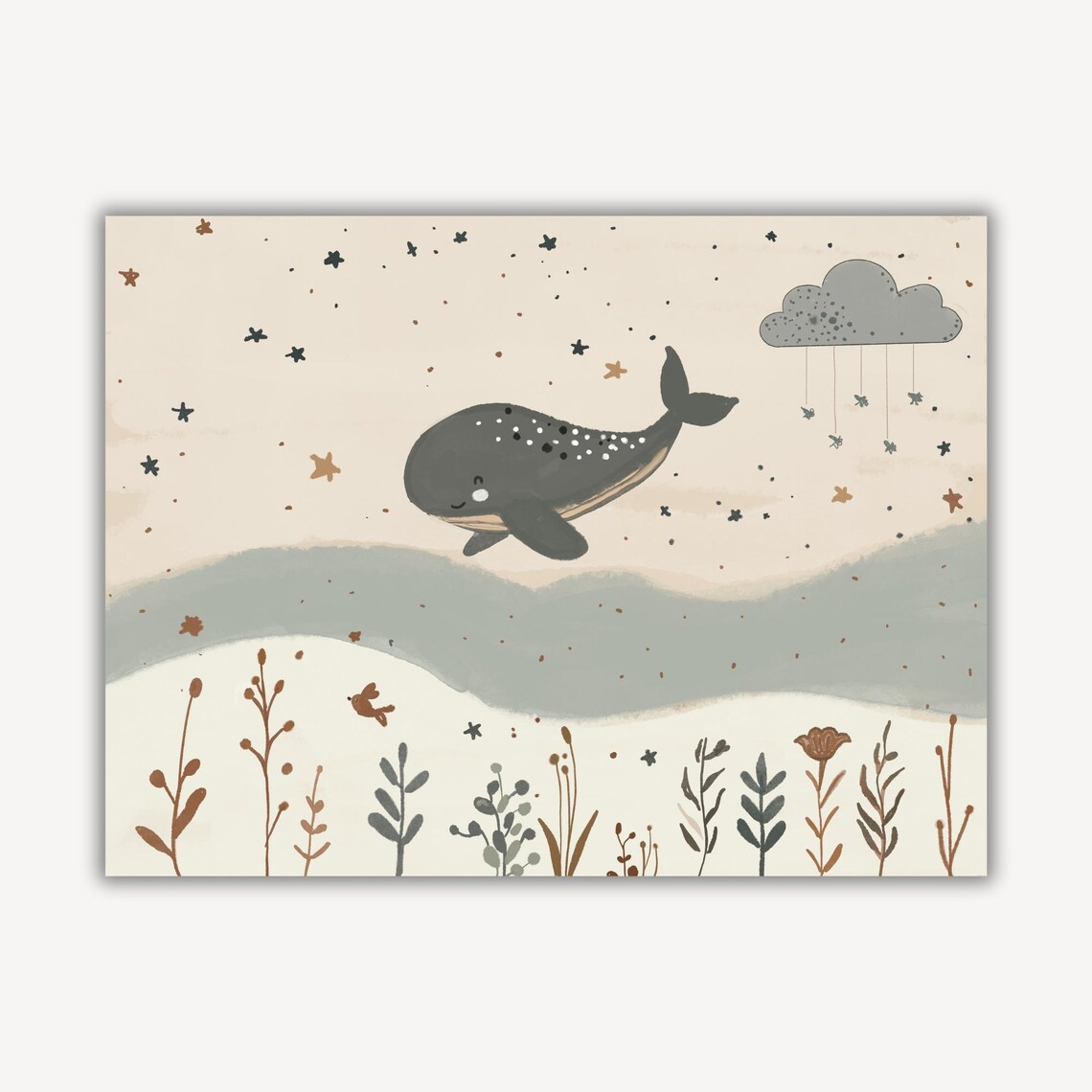 Dreamy Whale Floating Above Meadow Wildflowers Stars Nursery Poster - Image 3