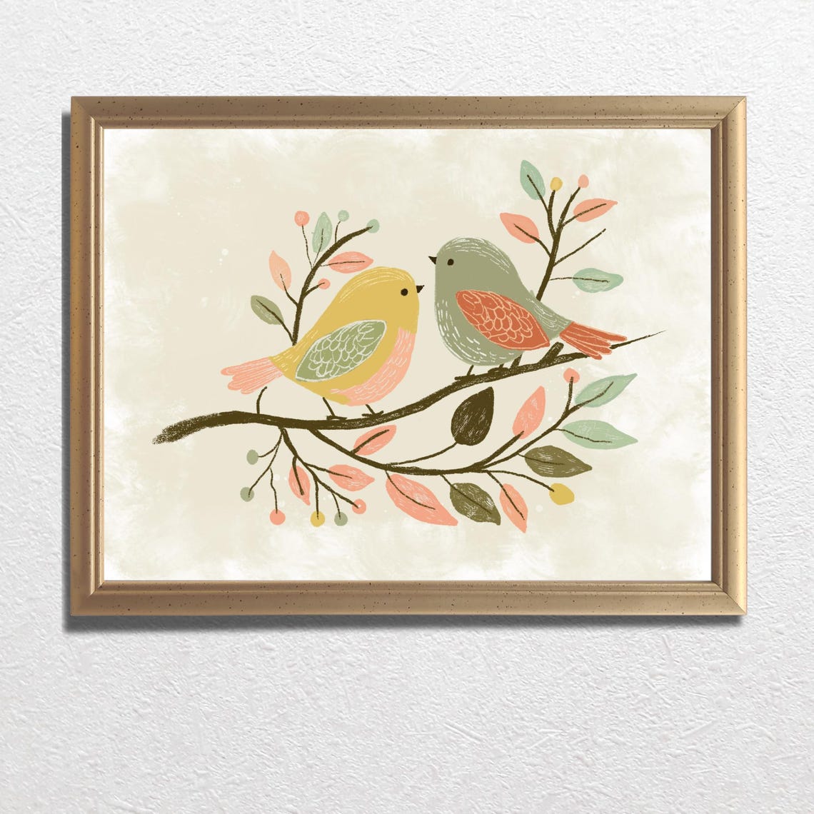 Two Pastel Songbirds On A Leafy Branch Folk Art Nursery Poster - Image 2