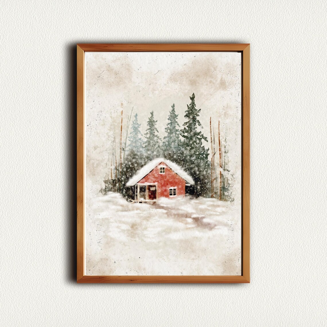 Red Cabin Snowy Forest Watercolor Winter Wonderland Wall Art - Image 4