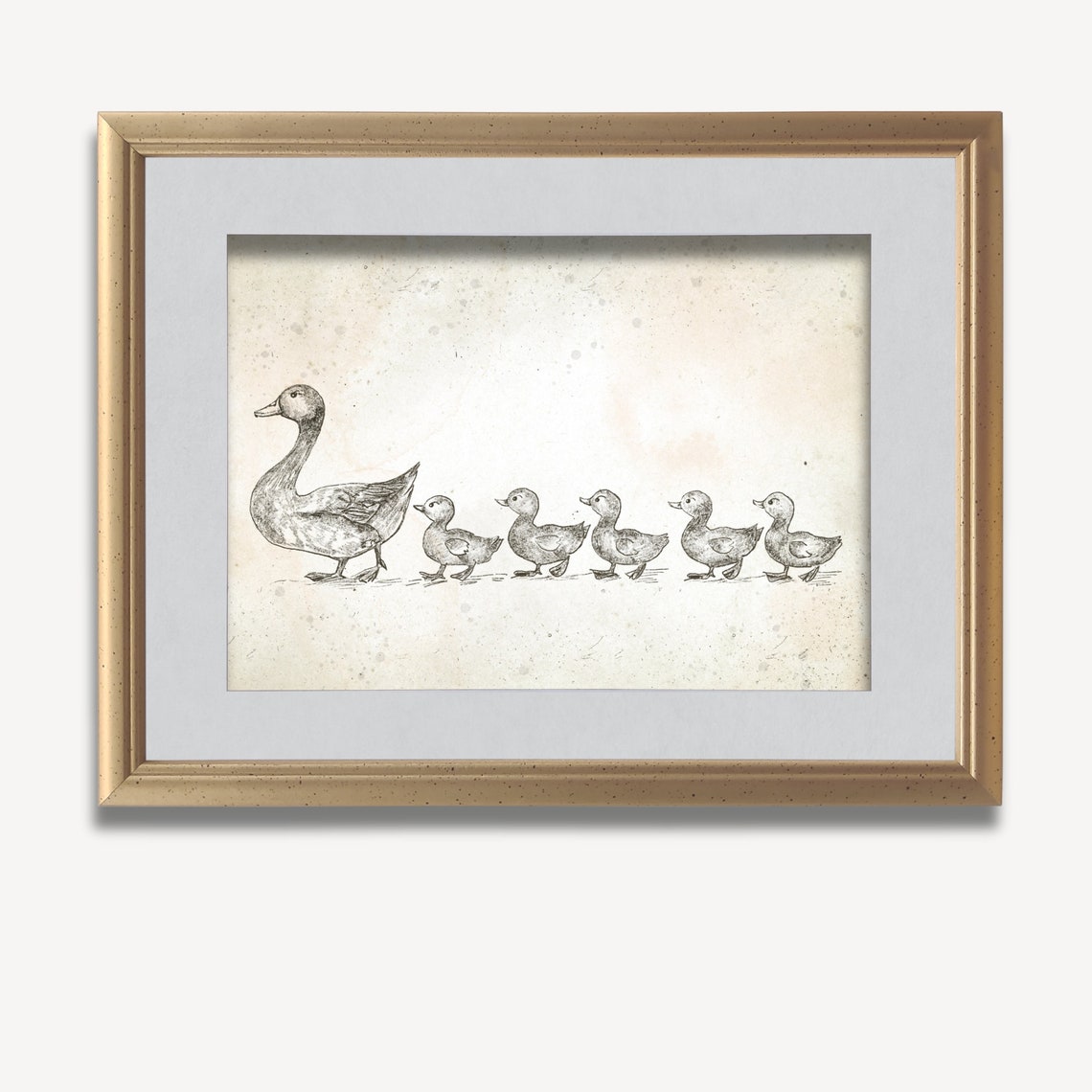 Vintage Ducks in a Row Mother Duck with Ducklings Sketch Poster - Image 2
