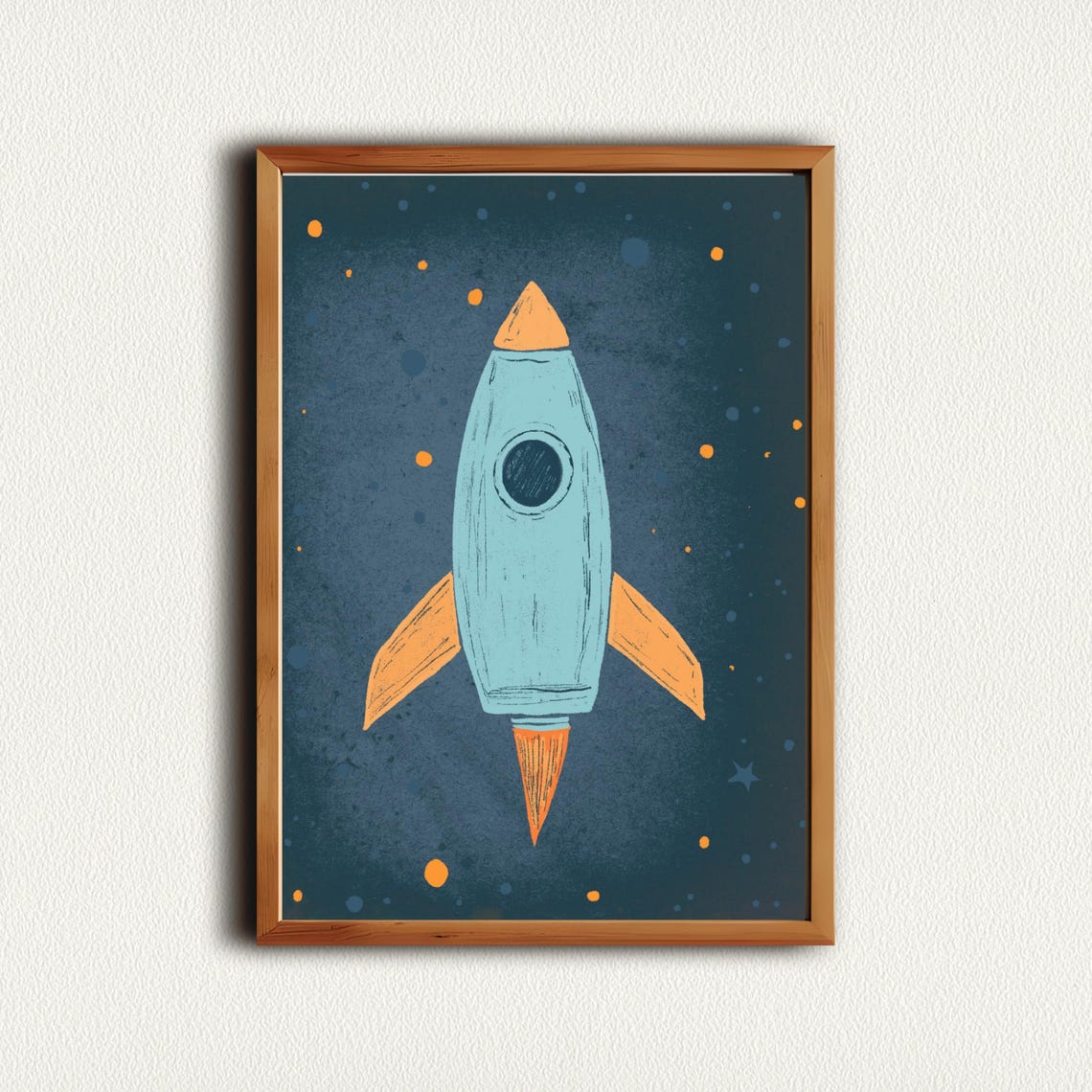 Vintage Blue Rocket Ship Nursery Outer Space Cartoon Art Poster - Image 4