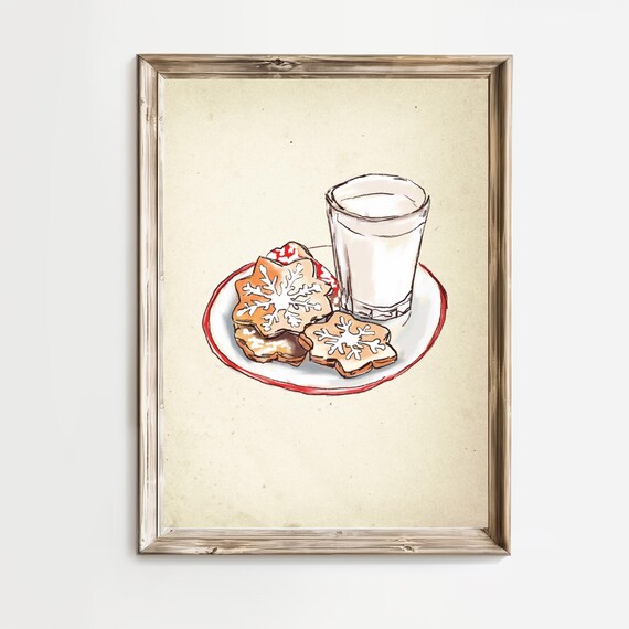 Vintage Santa Cookies and Milk Watercolor Christmas Art Poster