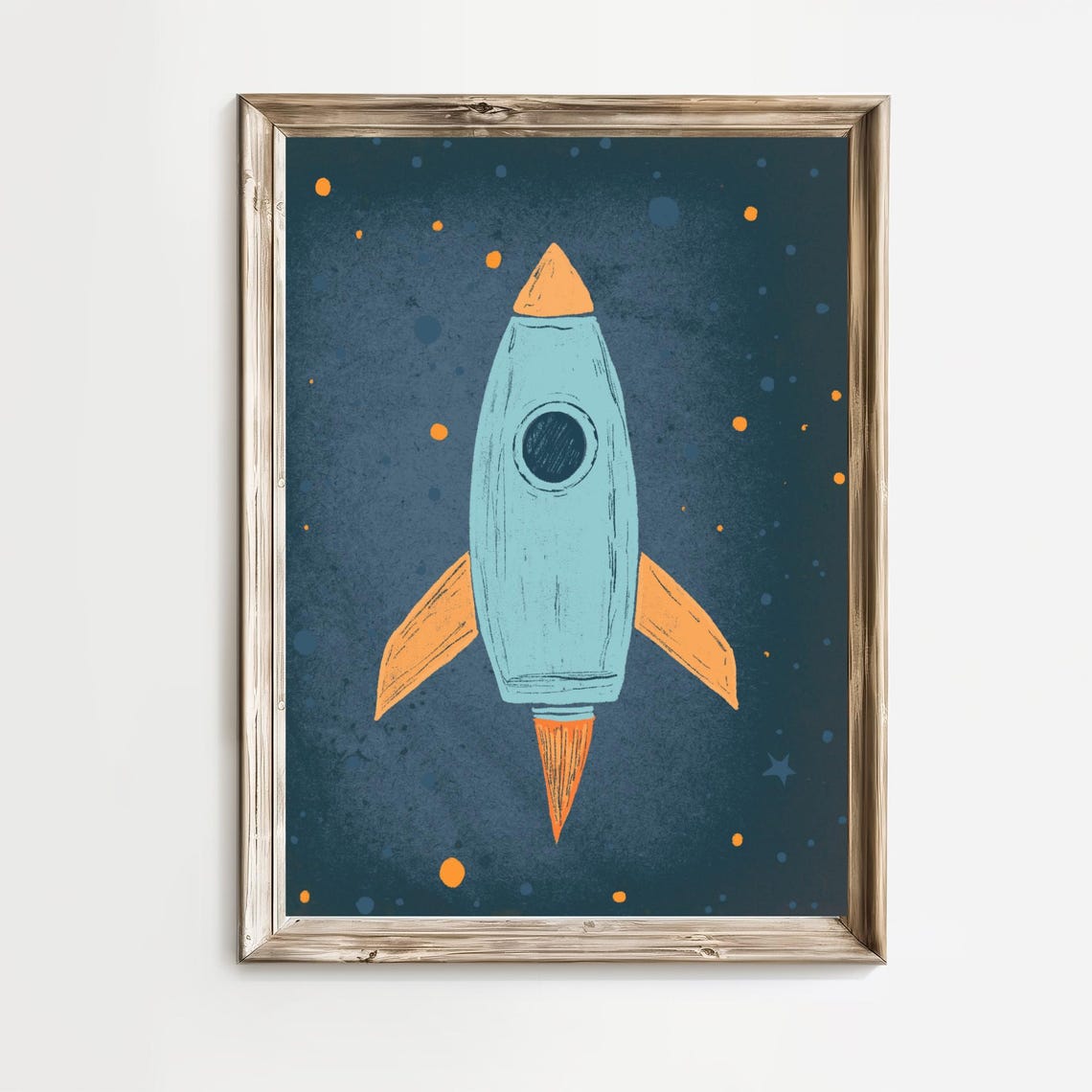 Vintage Blue Rocket Ship Nursery Outer Space Cartoon Art Poster