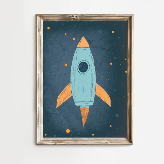 Vintage Blue Rocket Ship Nursery Outer Space Cartoon Art Poster