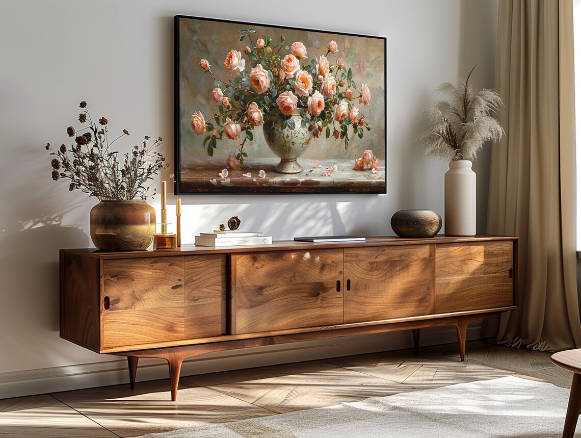 Blush Peach Roses Porcelain Bowl Romantic Floral Still Life Art Print - Image 3