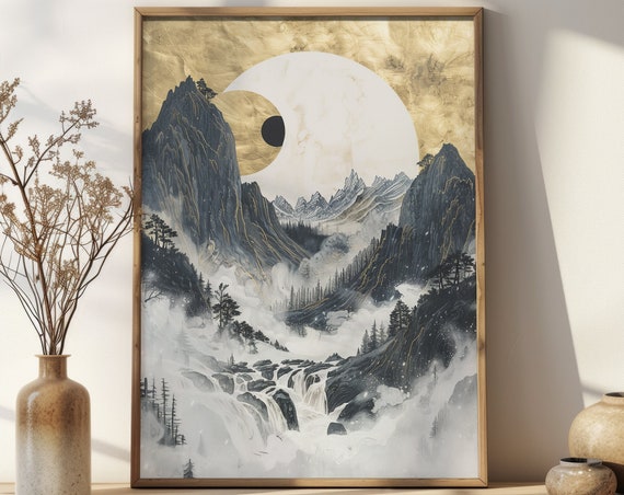 Moody Chinese Landscape Print Wall Art Elegant Living Room Decor Trendy Gold Grey Poster Lunar New Year Gift