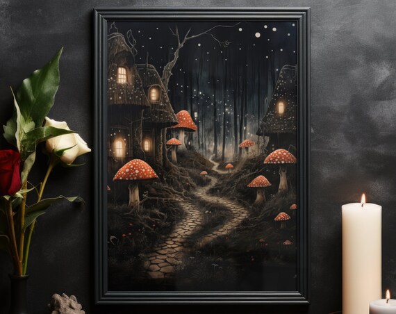 Mushroom Cottage Night Forest Fairytale Path Glowing Windows Dark Art Poster