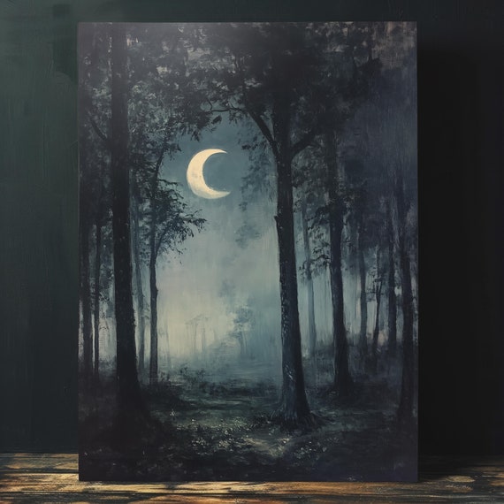 Crescent Moon Forest Landscape Painting Wall Art Magical Dark Cottagecore Landscape Print Witchcore Wall Decor