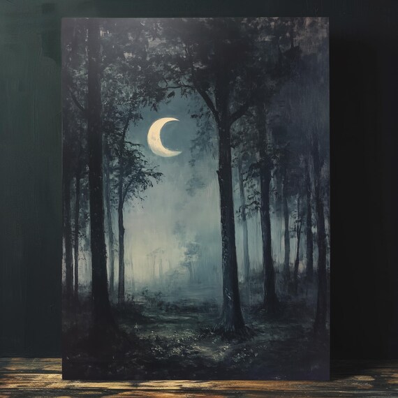 Crescent Moon Over Misty Dark Forest Night Landscape Painting Poster