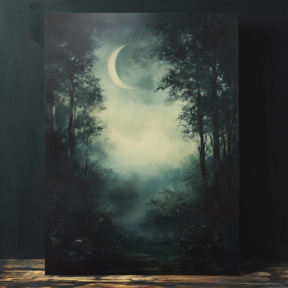 Crescent Moon Forest Glade Painting Wall Art Witchy Dark Cottagecore Landscape Art Print Witchcore Wall Decor