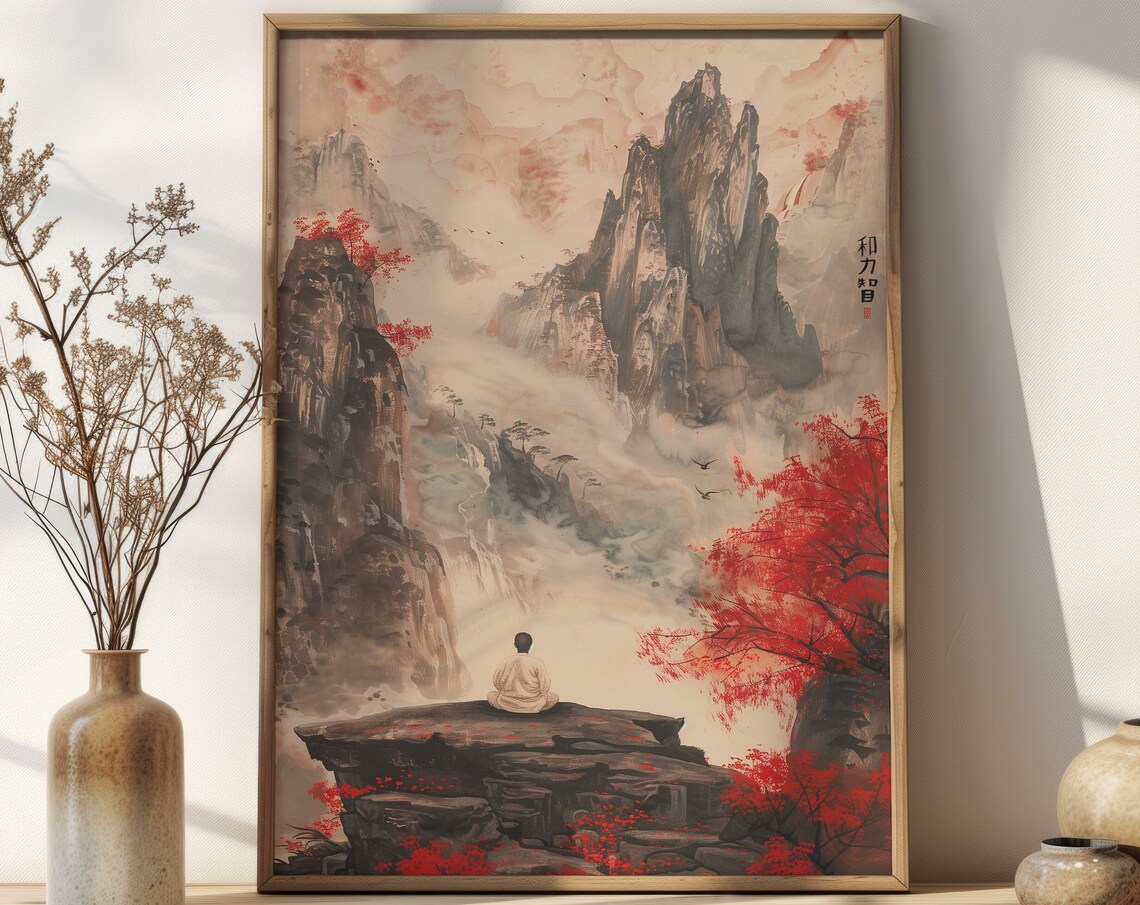 Red Maple Mountain Ink Wash Meditating Figure Japanese Poster