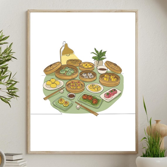 Dim Sum Table Continuous Line Drawing Vertical Poster Black And White Asian American Traditional Decor Gift Chinese Modern Art