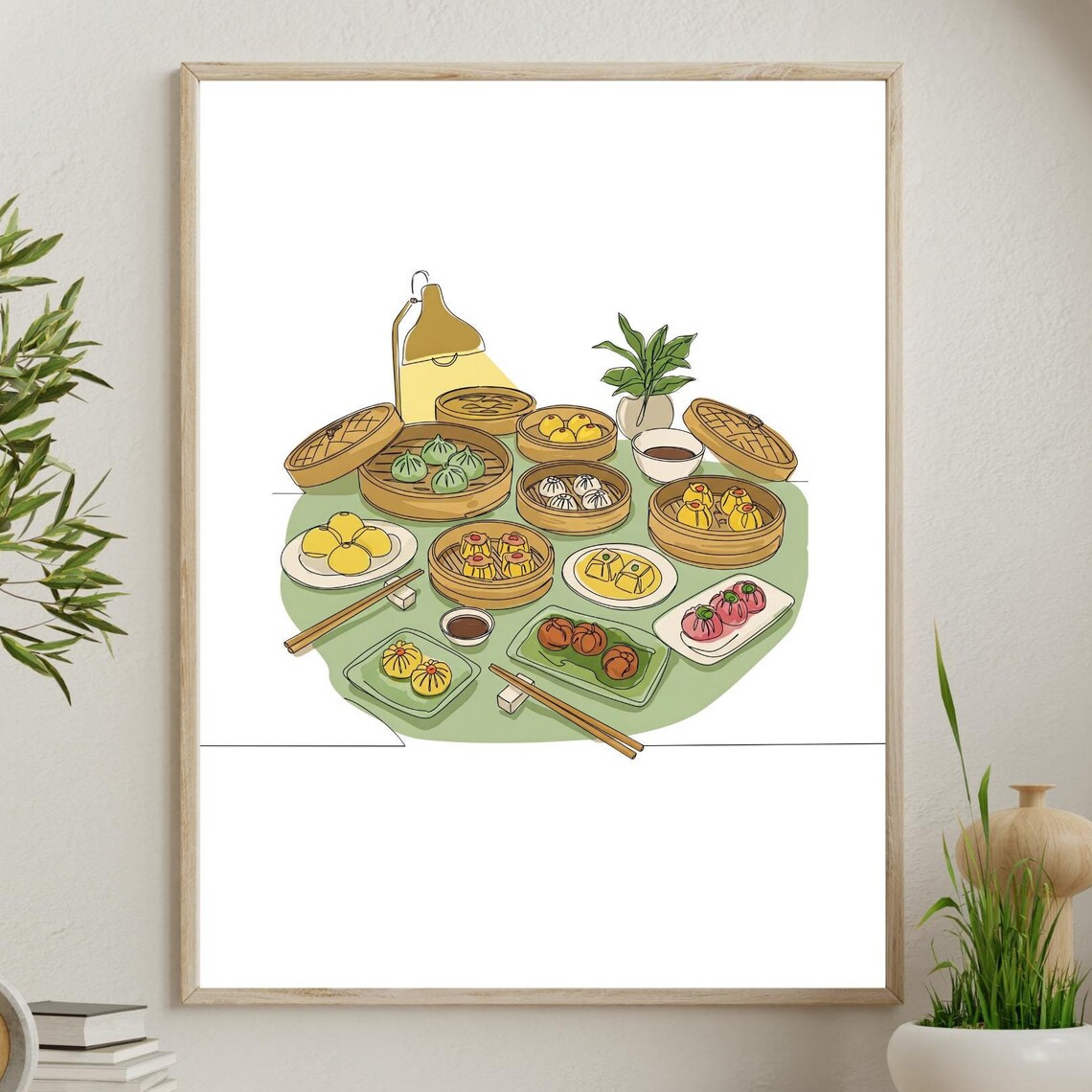 Dim Sum Table Spread Continuous Line Drawing Chinese Food Poster
