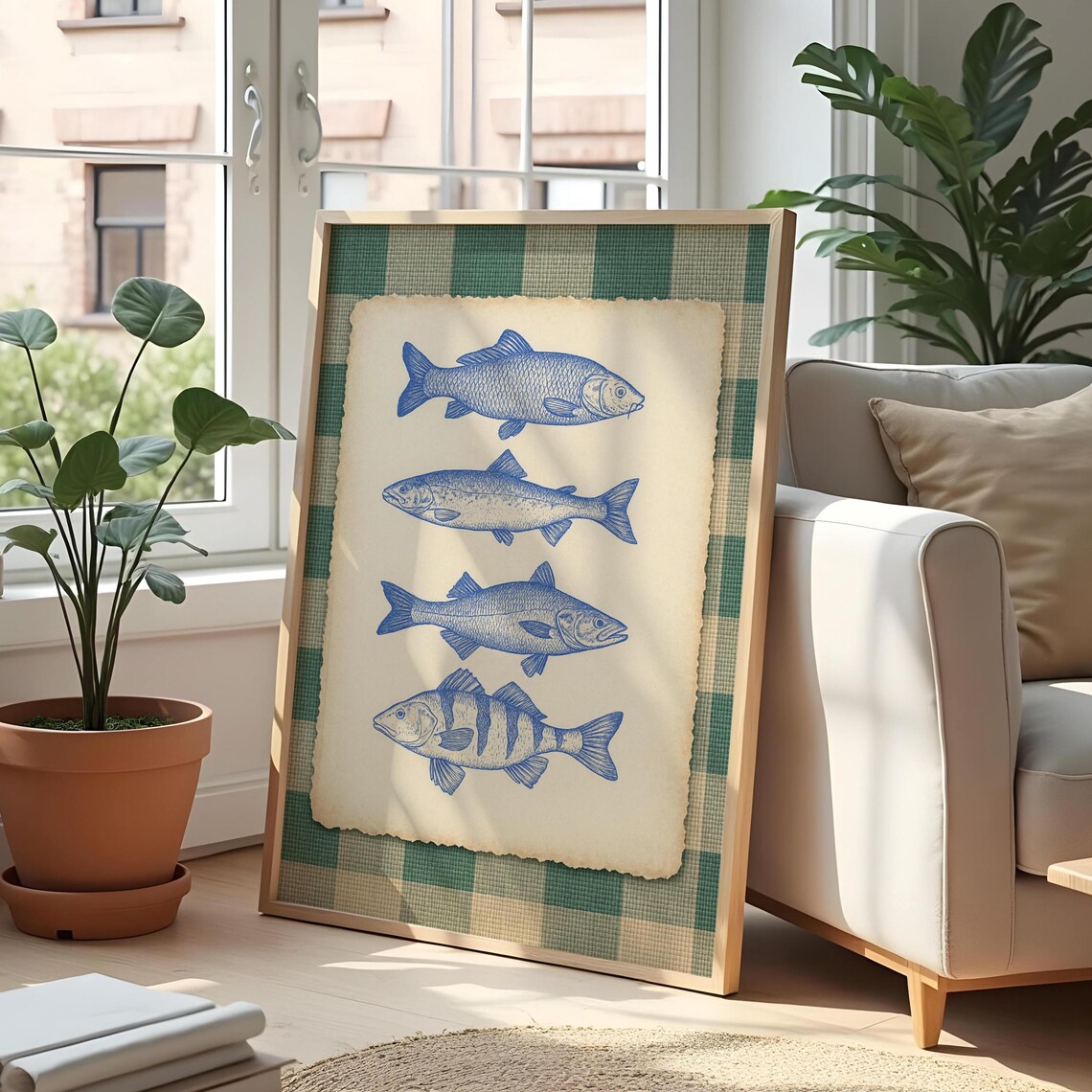Blue Ink Fish Drawing Poster, Rustic Cabin Decor