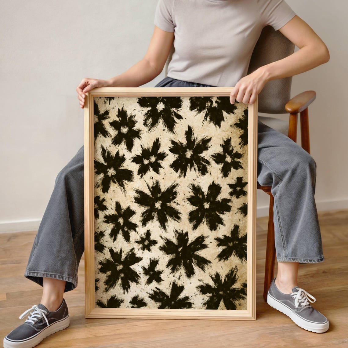 Black Ink Flower Pattern Neutral Beige Japanese Botanical Poster