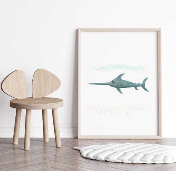 Baby Ocean Theme Swordfish Art Nursery Print Room Sea Cute Under The Girl