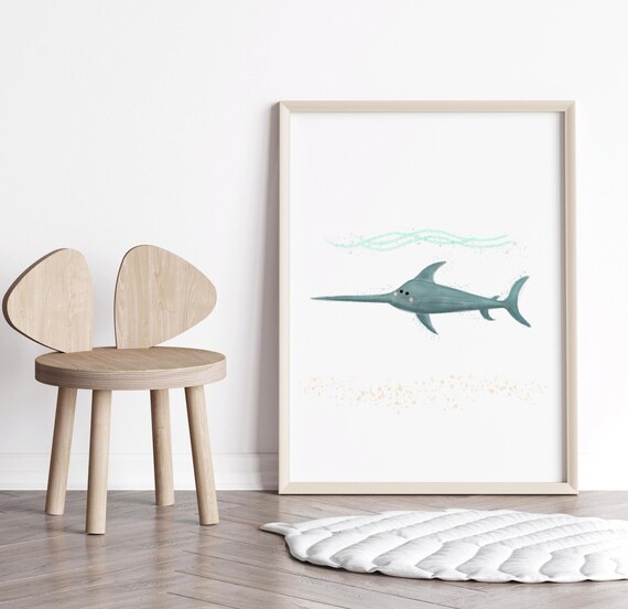 Cute Blue Swordfish Watercolor Ocean Nursery Kids Room Wall Art