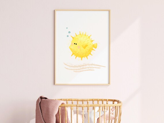 Cheerful Yellow Pufferfish Watercolor Ocean Nursery Kids Wall Art