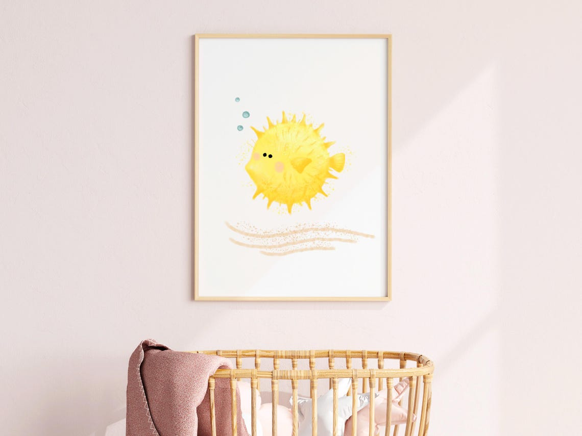 Sea Nursery Theme Blowfish Print Ocean Decor Deco Nautical Beach Baby Room Art Cute Under The